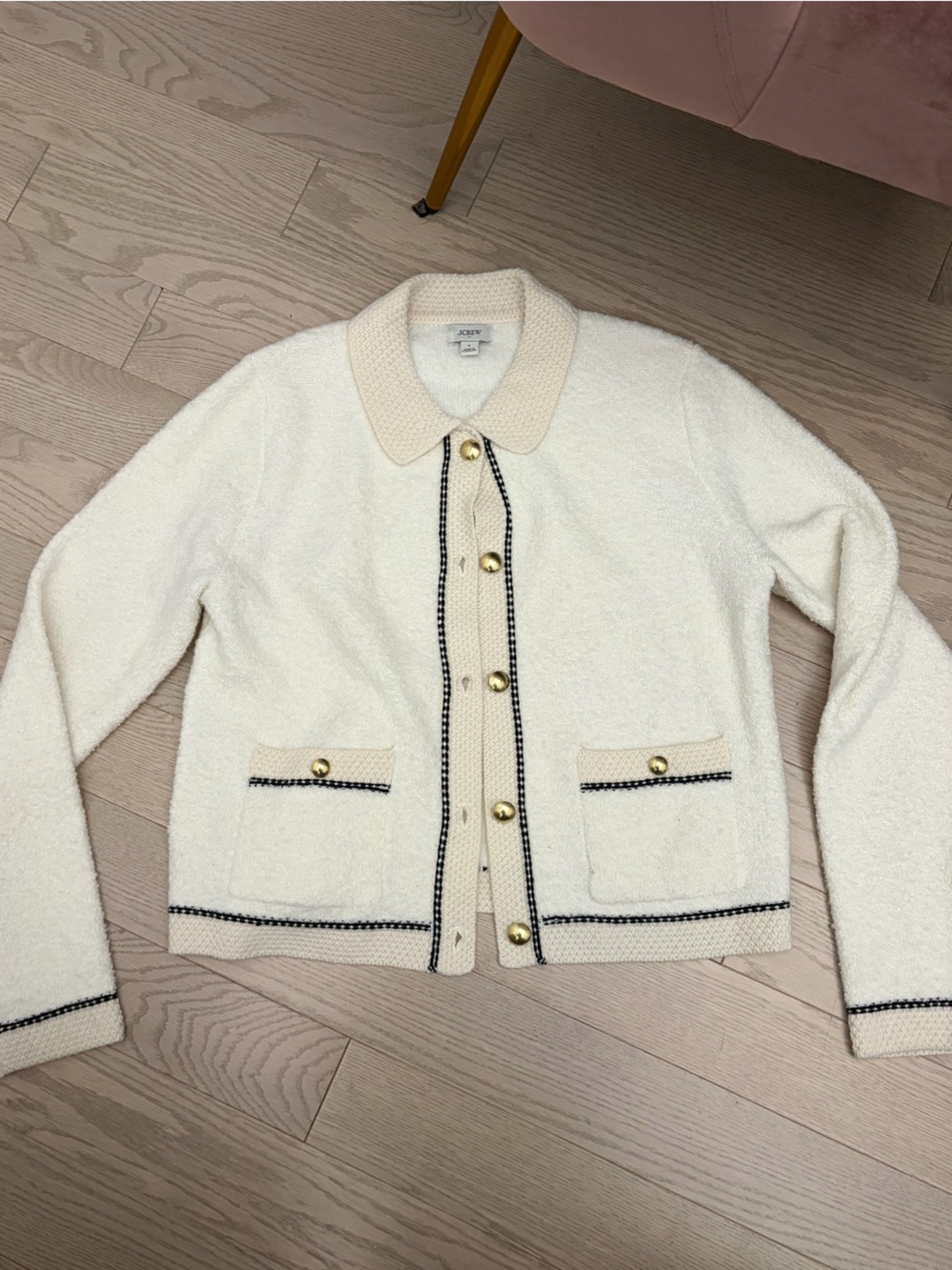 J. Crew Cream Bouclé Cardigan with Black Trim and Gold Buttons